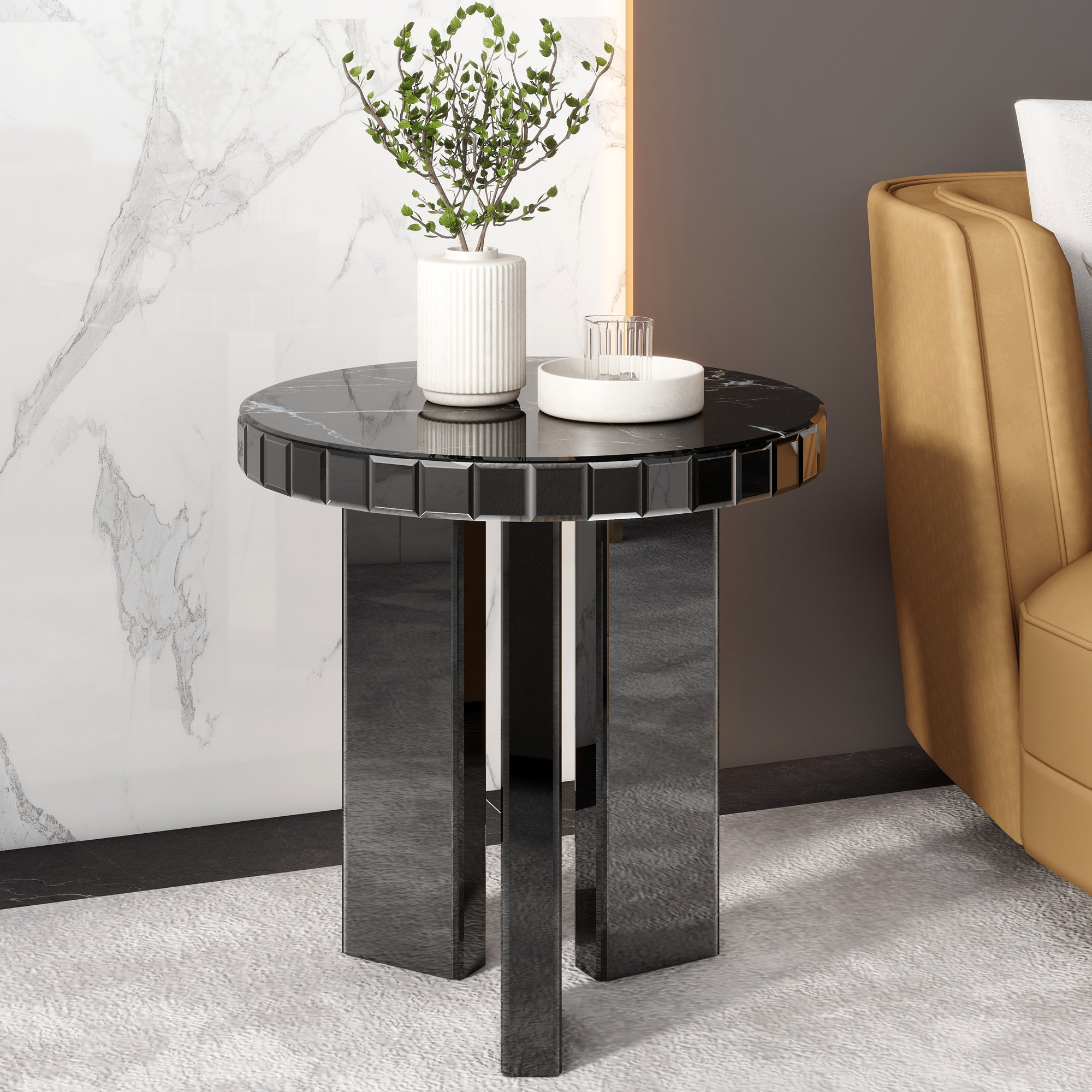 Amla Round Black End Table Mirrored Faux-marble Top