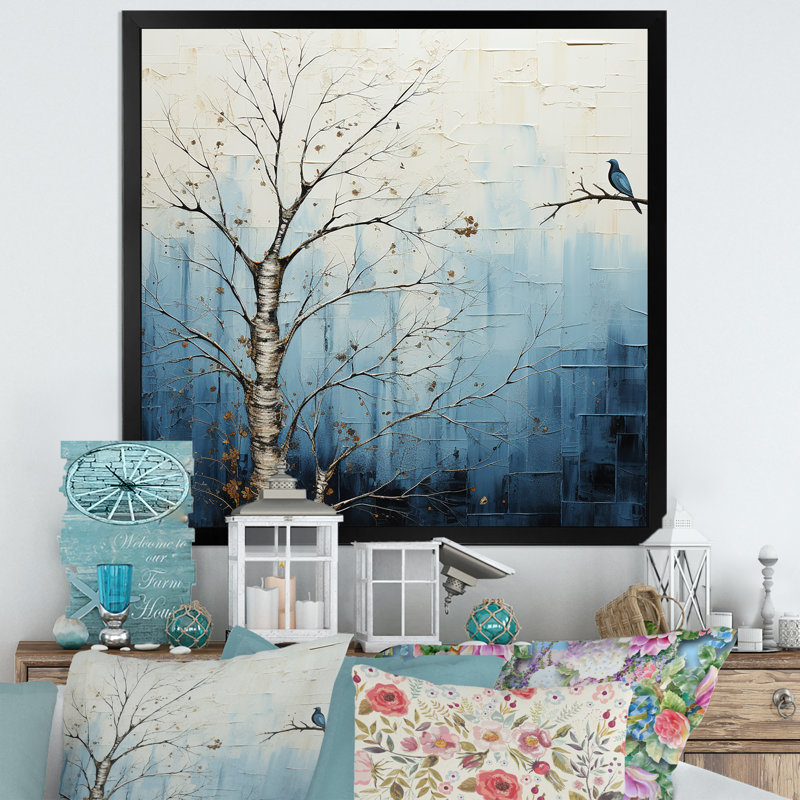 Minimalisme, arbre bleu, charme III sur toile, Cadre simple noir, H 24 po x l 24 po x P 1 po