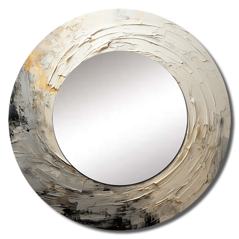 Grey Beige Meditative Movement I - Abstract Spirals Mirror, Modern Round Unique Wall Mirror, Printed Metal Art, 29" x 29"