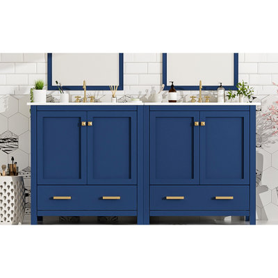 Blue 60" Bathroom Cabinet With Double Sinks & Stylish Handles - Add Elegance Vanity Vanities Thoughtful Drawer Organization Keep Your In