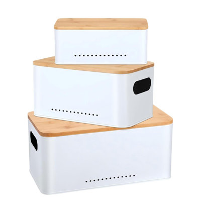 3 Pcs Metal Storage Box with Lid Nesting Farmhouse Storage Bins,White
