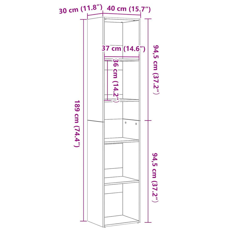 Bookshelf Engineered Wood, (5 Shelves) 189cmH x 40cmW x 30cmD, Black