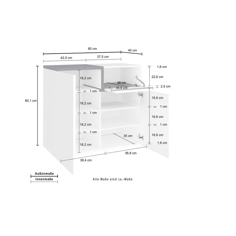 Haines 16 Pair Shoe Storage Cabinet, Glossy White/Slate