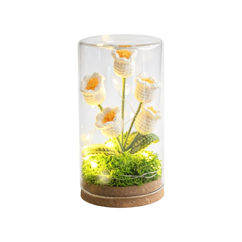 Lampe de chevet en forme de dôme en verre fait à la main au crochet fleur de la vallée, White
