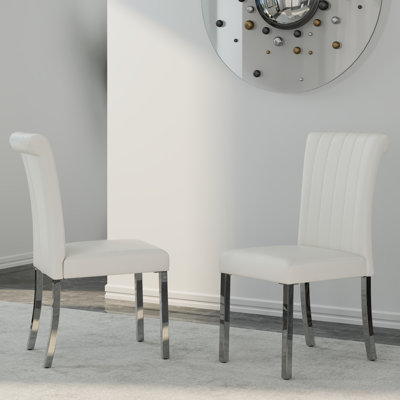White Leather Dining Chairs With Mirrored Silver Legs Set Of 2 by Ivy Bronx