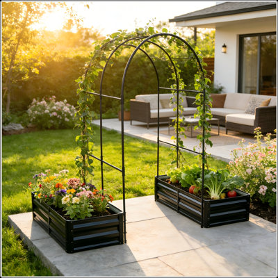 Lit de jardin surélevé avec treillis arqué, paquet de 2 boîtes à fleurs en métal pour plantes grimpantes et légumes