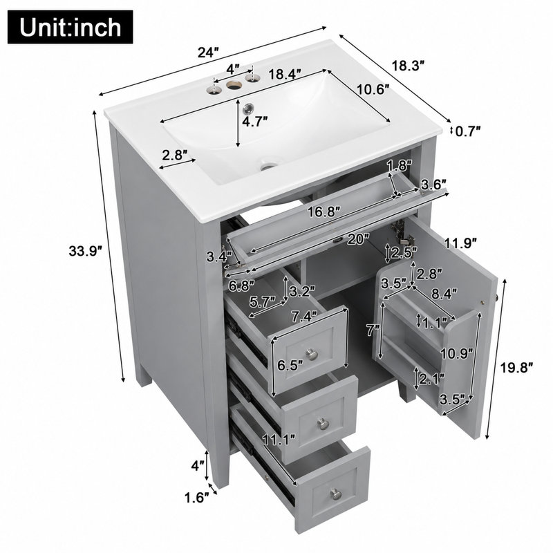 Meuble-lavabo simple 24 po avec lavabo en céramique Velmori, plateau basculant, tablette réglable et rangement multiple