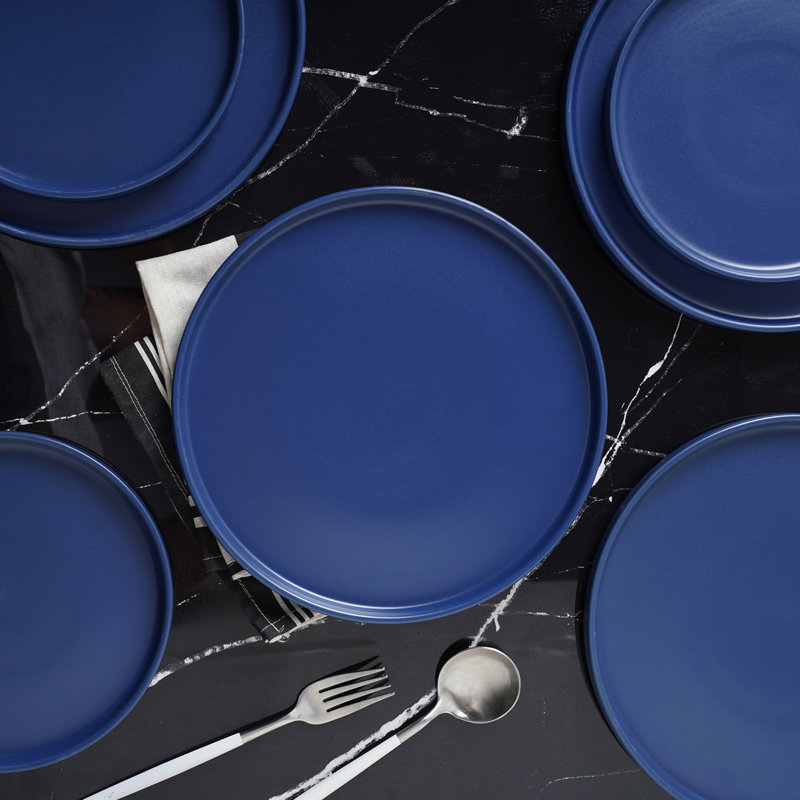 Blue Ceramic 16-Piece Solid Dinnerware Set for 8