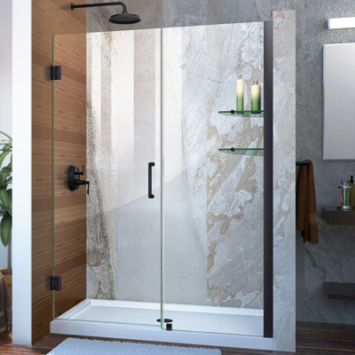 DreamLine Unidoor 51 - 52 inch W x 72 inch H Frameless Hinged Shower Door with Shelves in Matte Black