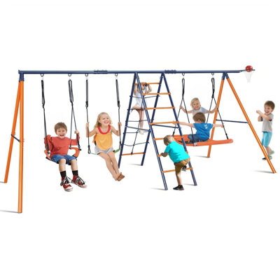 Delia 6 in 1 Kid Swing Set with 3 Adjustable Swings, Climbing Ladder and Net, Basketball Hoop