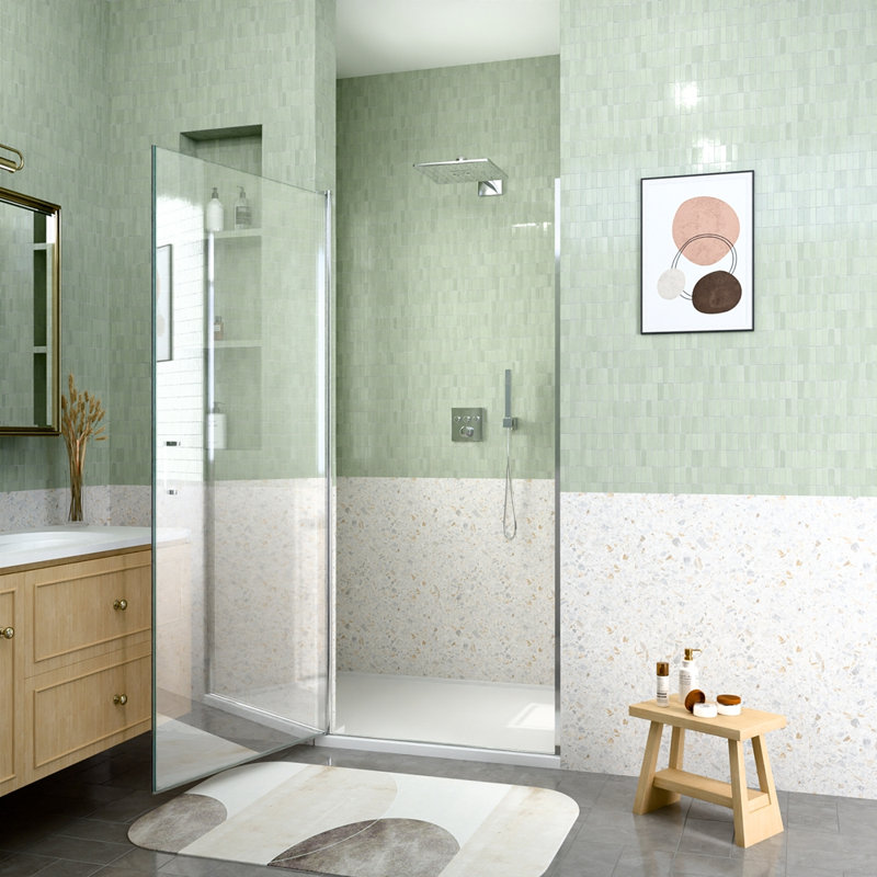 Porte de douche pivotante semi-cadrée l 32 po x H 72 po avec verre trempé de 1 po d'épaisseur (6 mm), Chrome