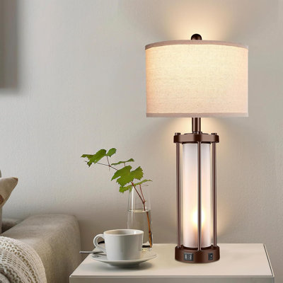 Ensemble de lampes de table pour le salon avec lampes de chevet de ferme de 2,26 po de hauteur avec lanterne à DEL et lampes de chevet pour chambre à coucher avec double port USB et abat-jour en tissu beige (ampoules incluses)