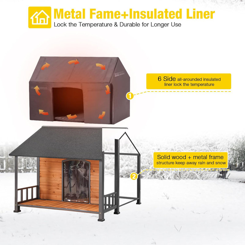Large Insulated Wooden Dog House with Porch and Asphalt Roof