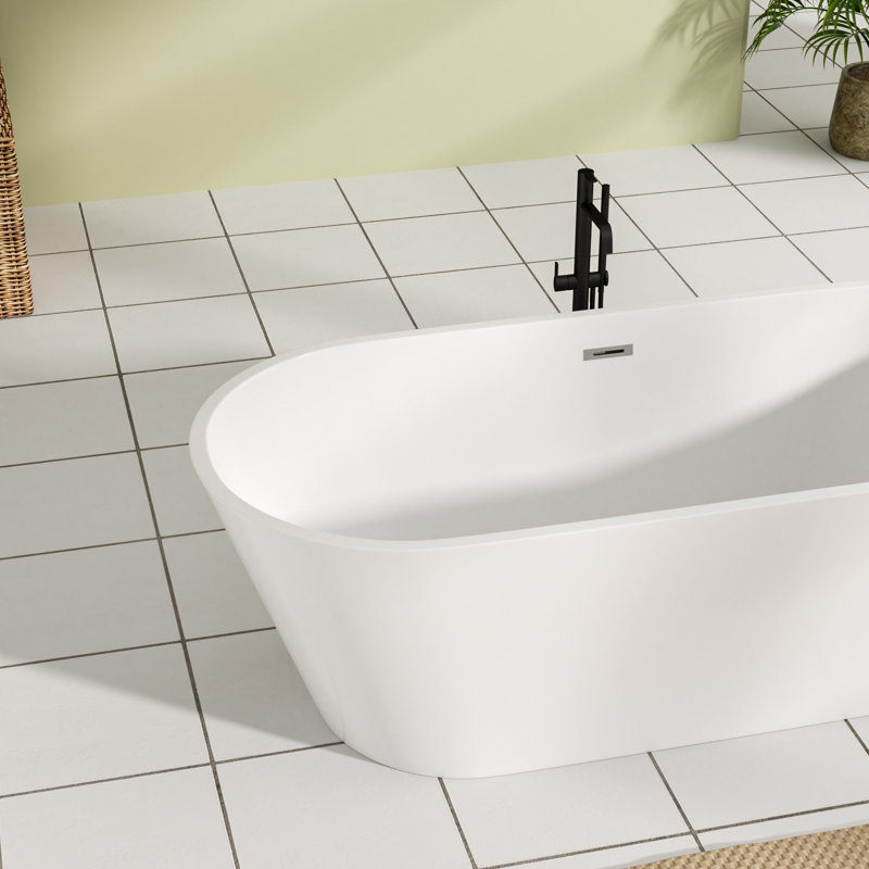 Baignoire de trempage autoportante en acrylique de forme ovale contemporaine L 63 po x l 30 po. Baignoire autoportante avec drain pour salle de bain principale blanc brillant