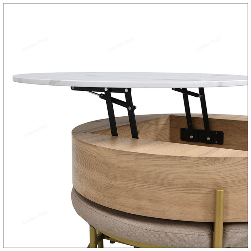 Table basse moderne à plateau relevable avec rangement spacieux et trois repose-pieds complémentaires, parfaits pour les espaces de vie polyvalents