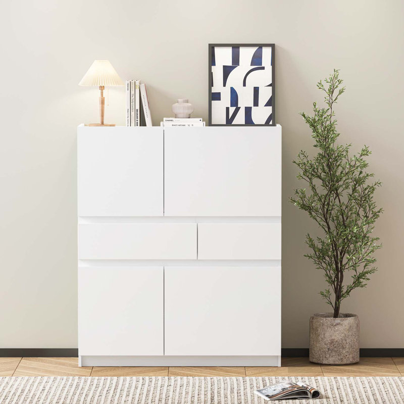 Armoire de rangement en bois blanc avec 4 portes et 2 tiroirs