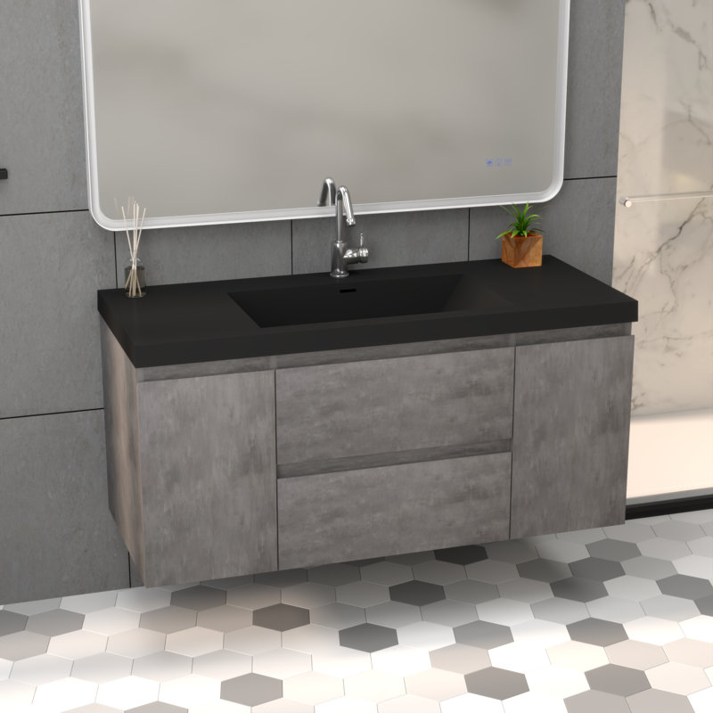 Meuble-lavabo mural de 48 po avec lavabo blanc en pierre d'ingénierie en résine, 2 portes avec charnières à fermeture en douceur à 90 °, 2 tiroirs avec glissières à fermeture en douceur dissimulées, finition en chêne naturel, à l'exception du r
