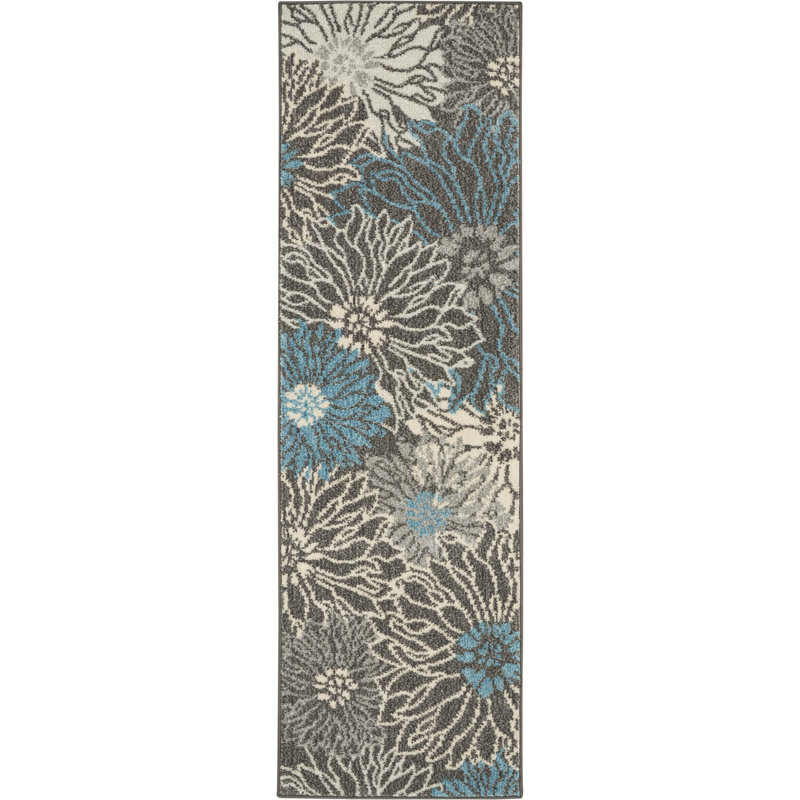 Tapis floral bleu / jaune en polypropylène tissé à la machine, Tapis de couloir 1 pi 10 po x 6 pi