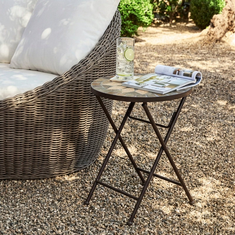 Rubicon Round Foldable Outdoor Side Table , 14 " W 14 " D, Beige/Black