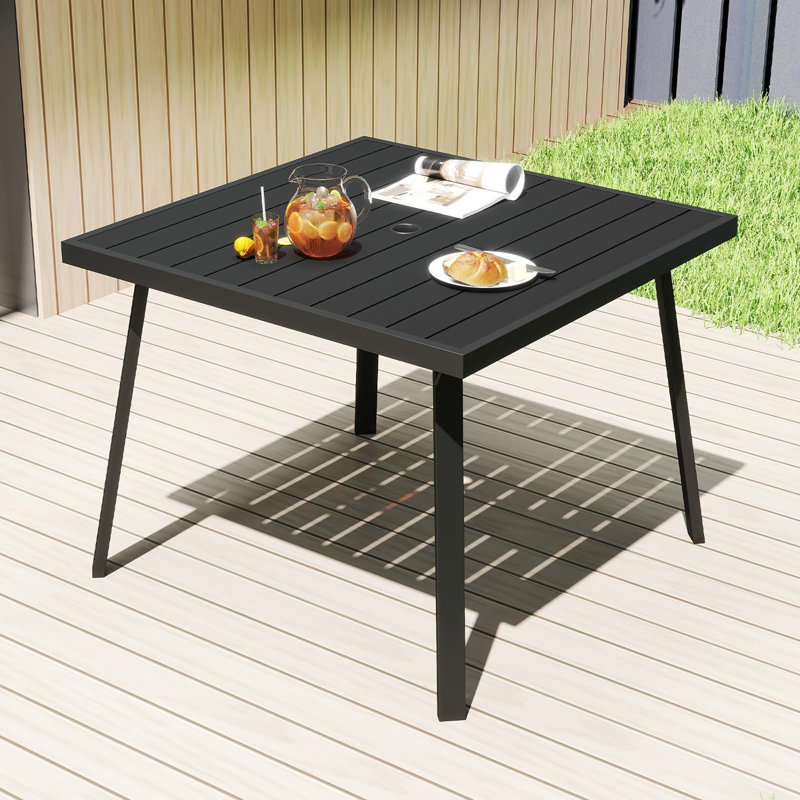 Table de salle à manger d'extérieur avec trou pour parasol pour patio extérieur, métal, carré, noir