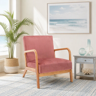 Chaises d'appoint classiques classiques de style Mid-Century modernes pour le salon ou la chambre à coucher, fauteuil à finition ouverte espresso avec rembourrage moelleux et tissu de velours, rose