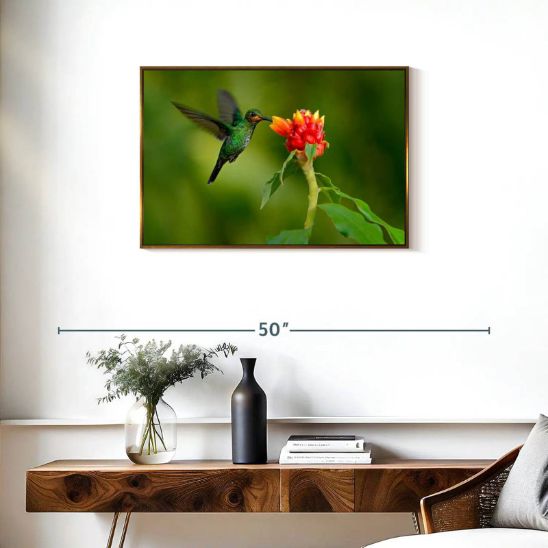 Flower And Green Hummingbird, 31" X 21", Floating Frame Gold