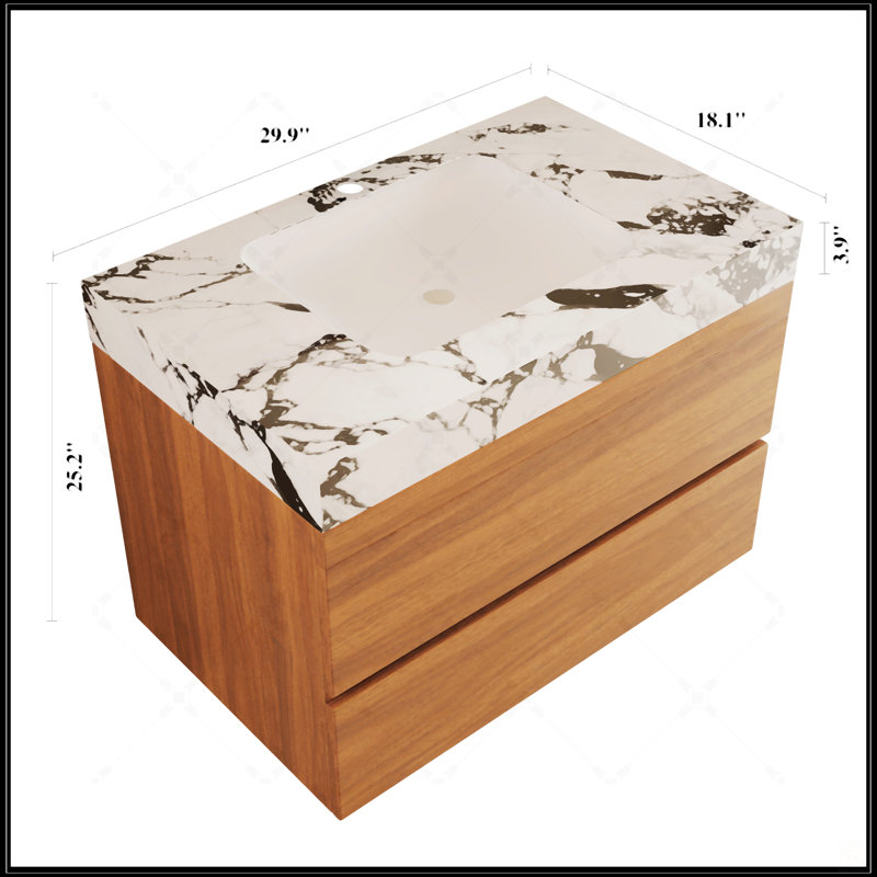 Meuble-lavabo flottant moderne de 29,9 po avec comptoir en faux marbre et lavabo encastré en céramique, fixation murale pour petits espaces