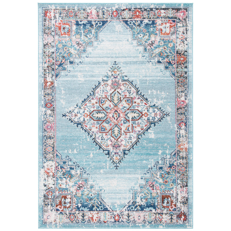 Dostie Oriental Light Blue/Navy Area Rug, Rectangle 4'5" x 6'5"