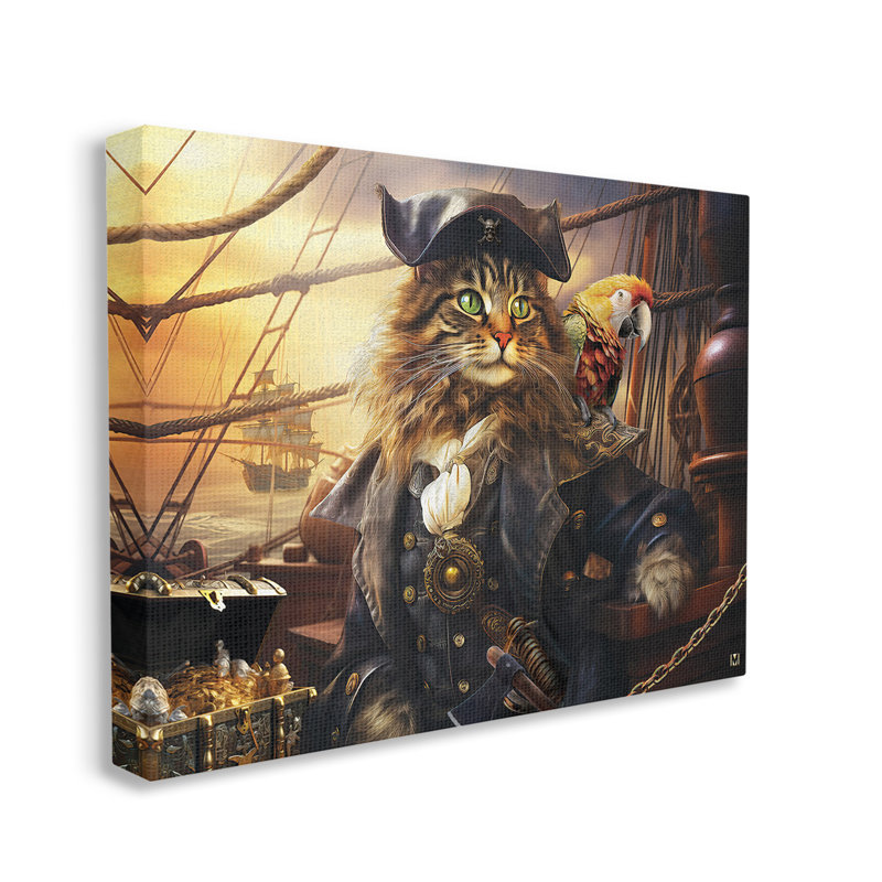 «Pirate Cat on Ship», art mural sur toile par Michael David Ward, H 30 po x l 40 po