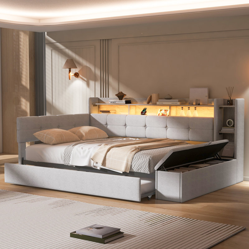 Lit de jour rembourré avec rangement, lit gigogne, charge USB et lumière DEL, Beige, Twin