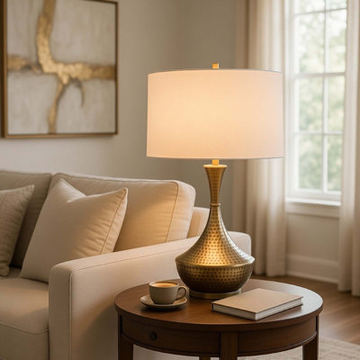 Table Lamp, White Linen Shade, Hammered Antique Brass Retro Hourglass Shape