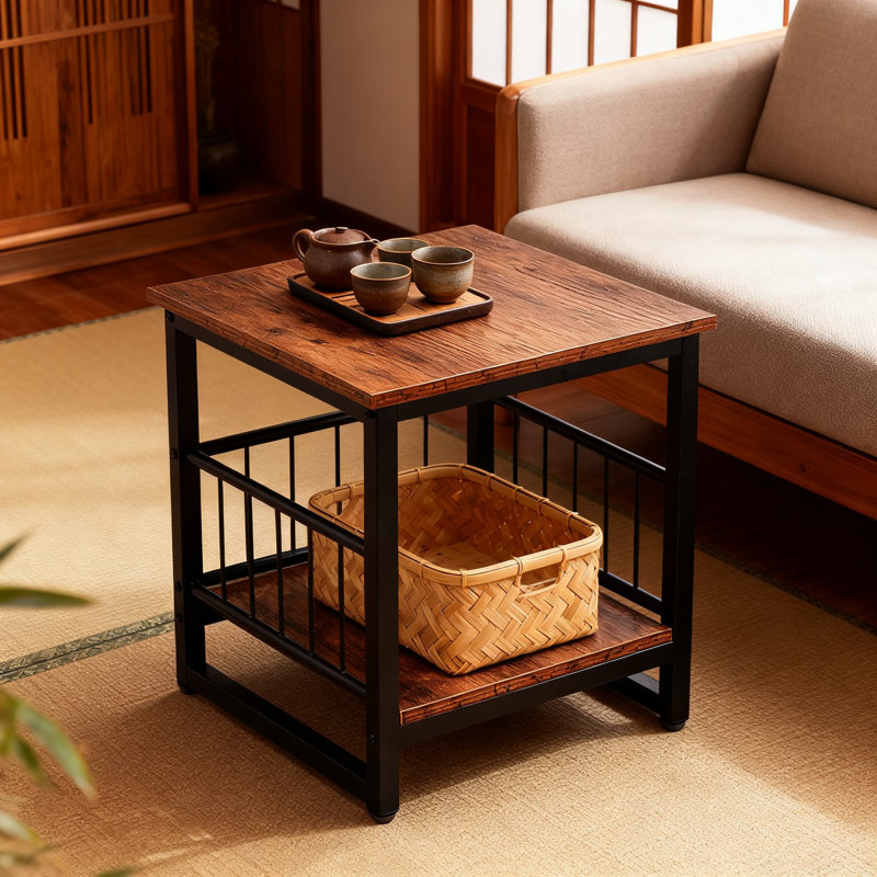 Table de bout industrielle avec tablettes à 2 niveaux, structure en métal robuste et plateau en bois rustique pour le salon, la chambre à coucher ou le vestibule, table d'appoint polyvalente pour le rangement et la présentation