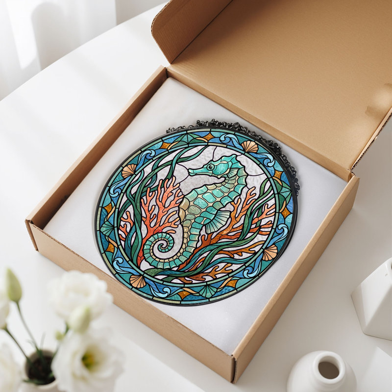 Panneau de vitrail corail Seahorse - 7,8 H, H 7,8 po