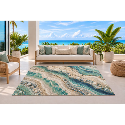 Tapis d'extérieur 5 pi x 7 pi Coastal Stone River avec motif de lignes fluides beiges turquoise, tapis à boucle en PVC imperméable, tapis robuste à séchage rapide pour porche et balcon