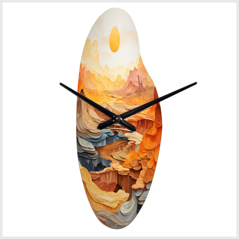 «Bold Landscape Canyon Desert II» - Grande horloge murale orange - forme unique, Moyenne