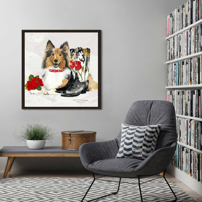 Western Border Collie (Square) par By Jodi - impression, Cadre flottant espresso, H 27,5 po x l 27,5 po x P 2 po