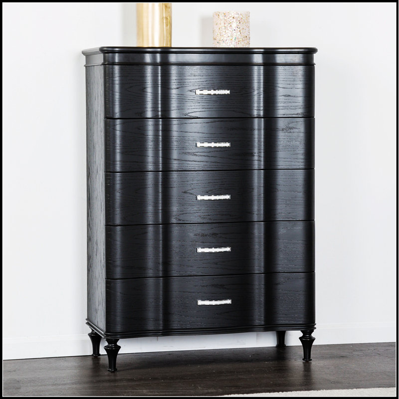 Commode 1 pièce glamour à finition noire avec façade incurvée, tiroir pleine extension, poignées en acrylique, pieds tournés, plateau doublé de feutre pour la chambre à coucher