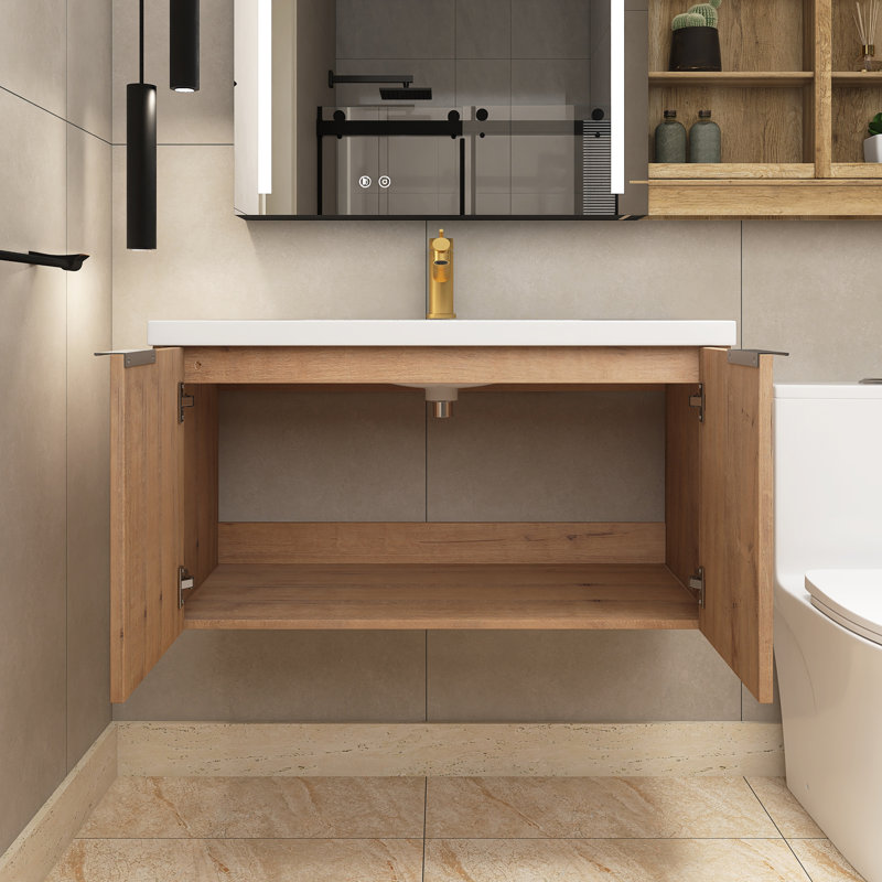Meuble-lavabo simple 35,4 po avec plateau en résine Andelka, Imitation chêne