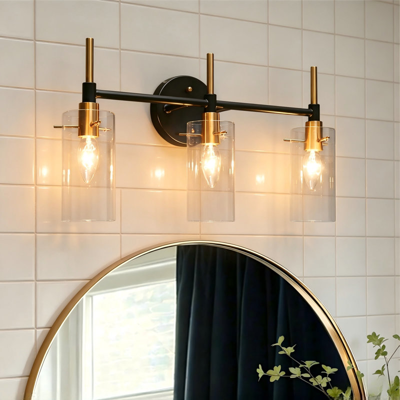 Éclairage pour meuble-lavabo moderne en verre transparent à 3 lumières à intensité variable, 3 lumières, Noir mat / Or