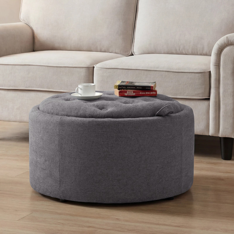 Repose-pieds capitonné rond 27,2 po avec rangement, Chenille - gris foncé