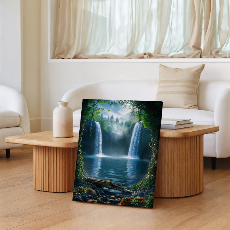Toile, scène sereine de forêt avec deux cascades majestueuses en cascade dans un art mural, une piscine tranquille entourée de verdure