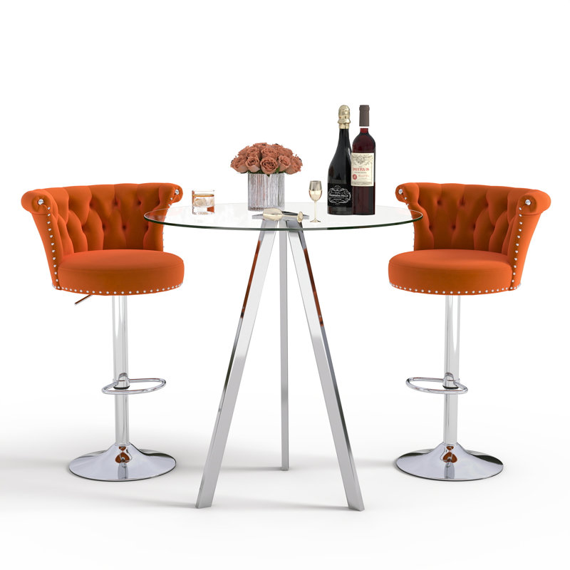 Ensemble de table de bar ronde en verre réglable en hauteur et tabourets de bar sur pattes en velours, Orange