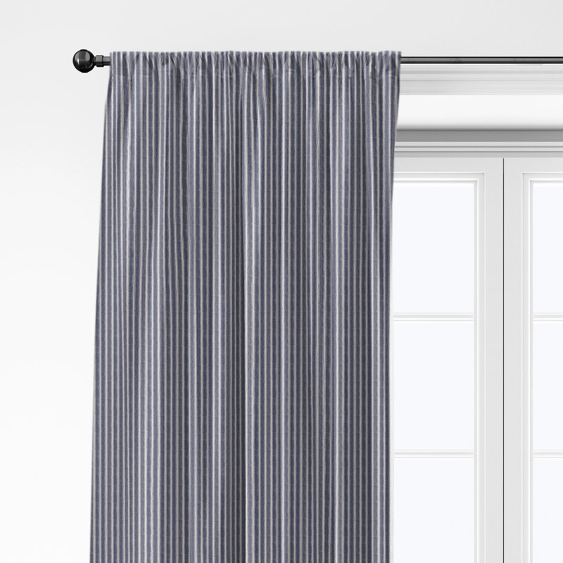 Walker Ticking Stripe Indigo/Ivory Cotton Simple Top Pocket Drapery Panel Set of 2, 50" W x 120" L