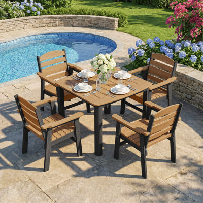 5 Piece Outdoor HDPE Dining Set, All-Weather Patio Table and Chairs W/ Umbrella Hole, Low Maintenance for Porch, Backyard