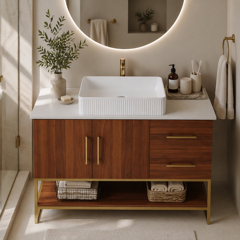 Meuble-lavabo moderne de 36 po avec lavabo vasque en céramique, armoire d'appoint dorée, Walnut