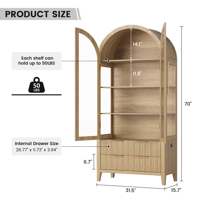 70.9" Tall Freestanding Arch Display Cabinet With Color Led Light Modes And Motion Sensor, Large Capacity Tempered Glass Doors Office Storage Cabinets