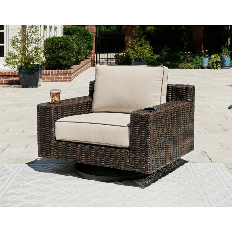 Beige and Brown Outdoor Swivel Lounge Chair with Cushions