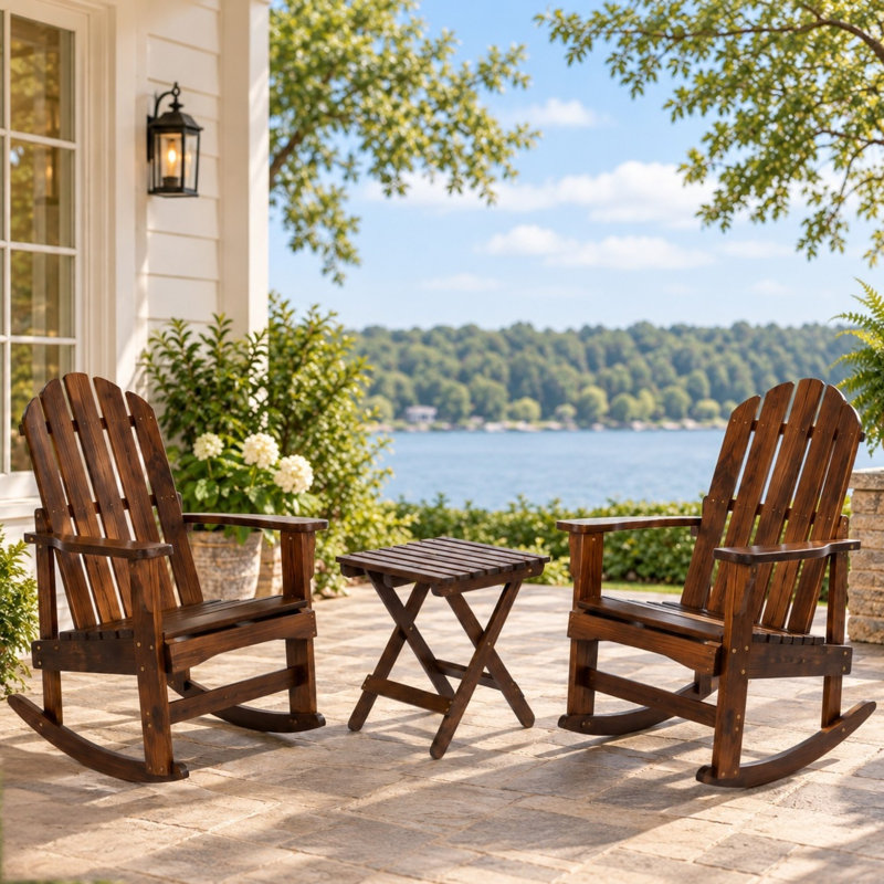 Ensemble de chaise berçante et table en bois Bremment Adirondack, Brun brûlé au chalumeau