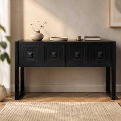 Geometric Carved Console Table with 3 Soft-Close Drawers, Fluted Leg Details, Entryway Sofa Table for Living Room Hallway, Black