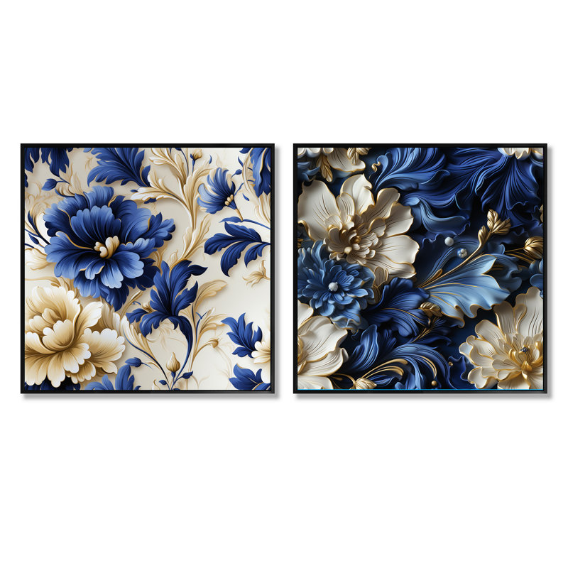 Newmarket - Ensemble de 2 collages carrés floraux, Cadre flottant noir, H 16 po x l 33 po